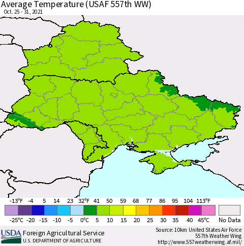 Ukraine, Moldova and Belarus Average Temperature (USAF 557th WW) Thematic Map For 10/25/2021 - 10/31/2021