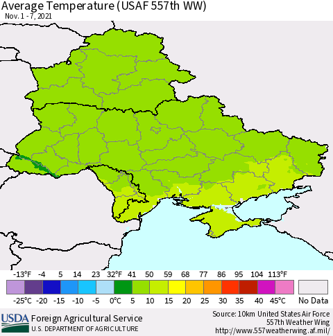 Ukraine, Moldova and Belarus Average Temperature (USAF 557th WW) Thematic Map For 11/1/2021 - 11/7/2021