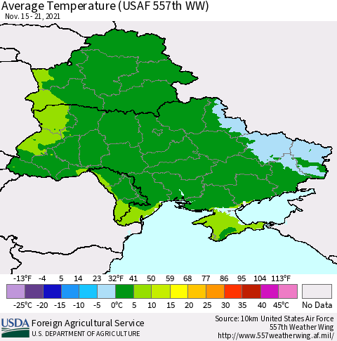 Ukraine, Moldova and Belarus Average Temperature (USAF 557th WW) Thematic Map For 11/15/2021 - 11/21/2021