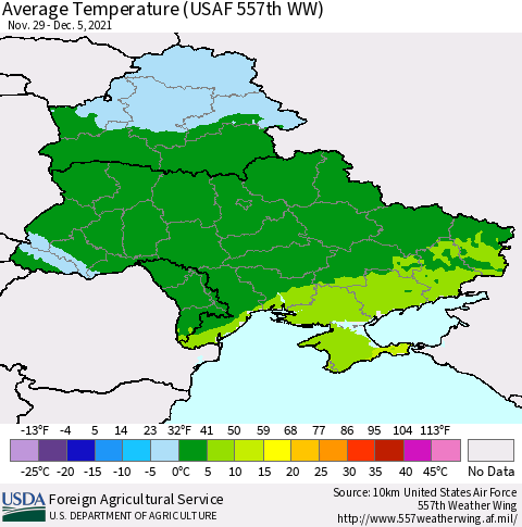 Ukraine, Moldova and Belarus Average Temperature (USAF 557th WW) Thematic Map For 11/29/2021 - 12/5/2021
