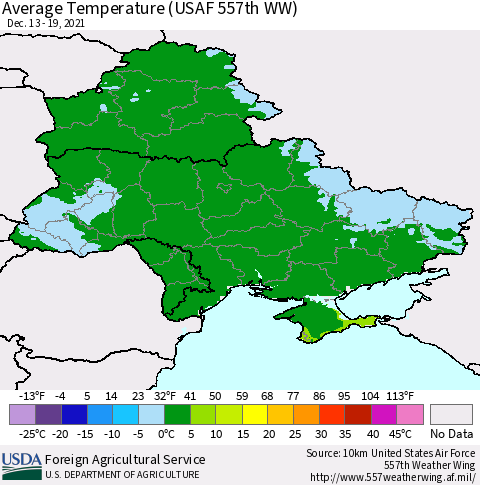 Ukraine, Moldova and Belarus Average Temperature (USAF 557th WW) Thematic Map For 12/13/2021 - 12/19/2021