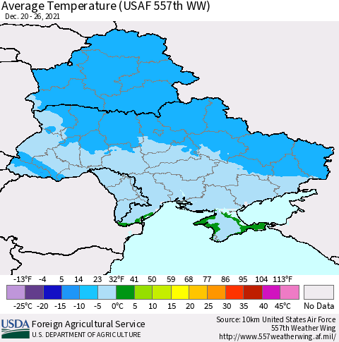 Ukraine, Moldova and Belarus Average Temperature (USAF 557th WW) Thematic Map For 12/20/2021 - 12/26/2021