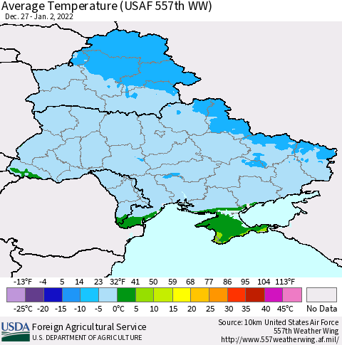 Ukraine, Moldova and Belarus Average Temperature (USAF 557th WW) Thematic Map For 12/27/2021 - 1/2/2022
