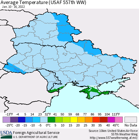 Ukraine, Moldova and Belarus Average Temperature (USAF 557th WW) Thematic Map For 1/10/2022 - 1/16/2022