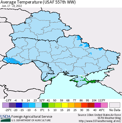 Ukraine, Moldova and Belarus Average Temperature (USAF 557th WW) Thematic Map For 1/17/2022 - 1/23/2022
