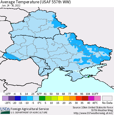Ukraine, Moldova and Belarus Average Temperature (USAF 557th WW) Thematic Map For 1/24/2022 - 1/30/2022
