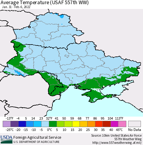 Ukraine, Moldova and Belarus Average Temperature (USAF 557th WW) Thematic Map For 1/31/2022 - 2/6/2022