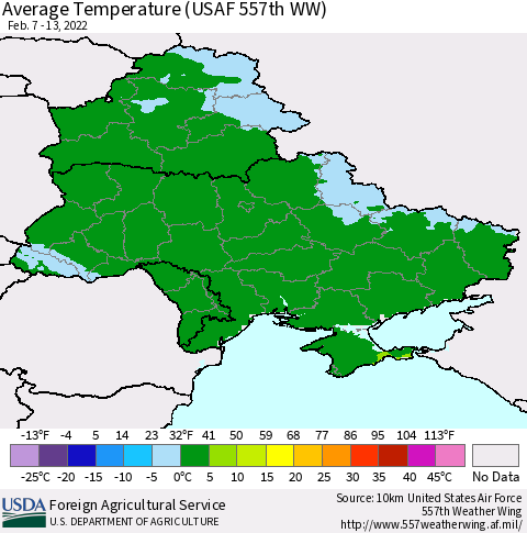 Ukraine, Moldova and Belarus Average Temperature (USAF 557th WW) Thematic Map For 2/7/2022 - 2/13/2022