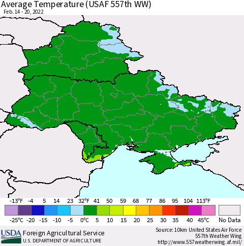 Ukraine, Moldova and Belarus Average Temperature (USAF 557th WW) Thematic Map For 2/14/2022 - 2/20/2022