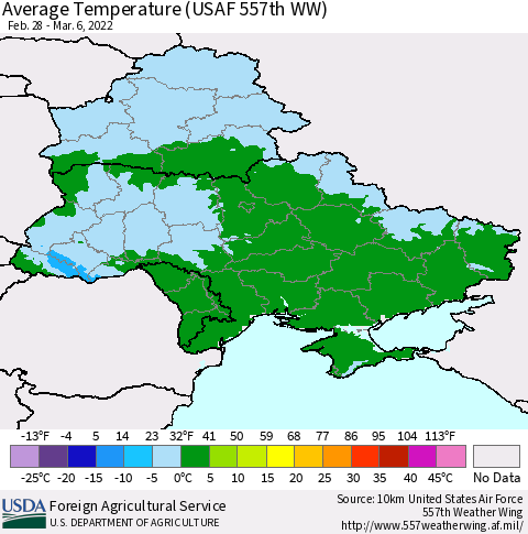 Ukraine, Moldova and Belarus Average Temperature (USAF 557th WW) Thematic Map For 2/28/2022 - 3/6/2022