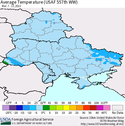 Ukraine, Moldova and Belarus Average Temperature (USAF 557th WW) Thematic Map For 3/7/2022 - 3/13/2022