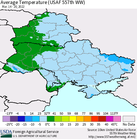 Ukraine, Moldova and Belarus Average Temperature (USAF 557th WW) Thematic Map For 3/14/2022 - 3/20/2022