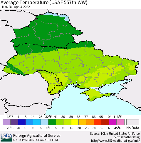 Ukraine, Moldova and Belarus Average Temperature (USAF 557th WW) Thematic Map For 3/28/2022 - 4/3/2022