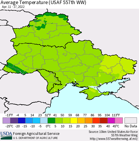 Ukraine, Moldova and Belarus Average Temperature (USAF 557th WW) Thematic Map For 4/11/2022 - 4/17/2022