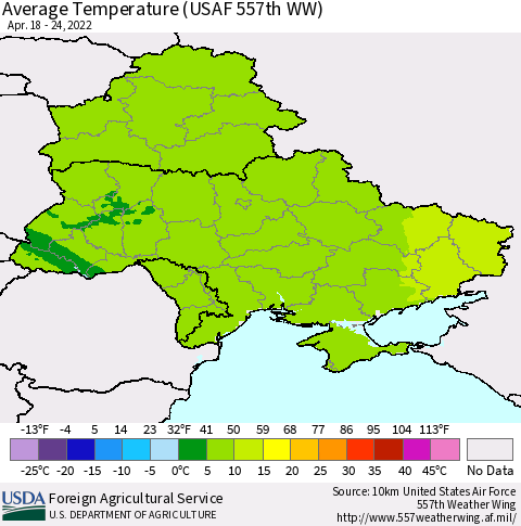 Ukraine, Moldova and Belarus Average Temperature (USAF 557th WW) Thematic Map For 4/18/2022 - 4/24/2022