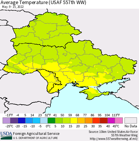 Ukraine, Moldova and Belarus Average Temperature (USAF 557th WW) Thematic Map For 5/9/2022 - 5/15/2022