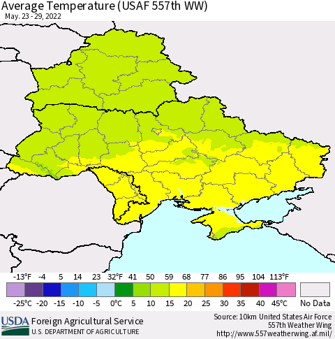 Ukraine, Moldova and Belarus Average Temperature (USAF 557th WW) Thematic Map For 5/23/2022 - 5/29/2022