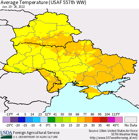 Ukraine, Moldova and Belarus Average Temperature (USAF 557th WW) Thematic Map For 6/20/2022 - 6/26/2022