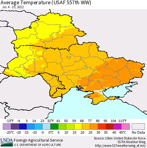 Ukraine, Moldova and Belarus Average Temperature (USAF 557th WW) Thematic Map For 7/4/2022 - 7/10/2022