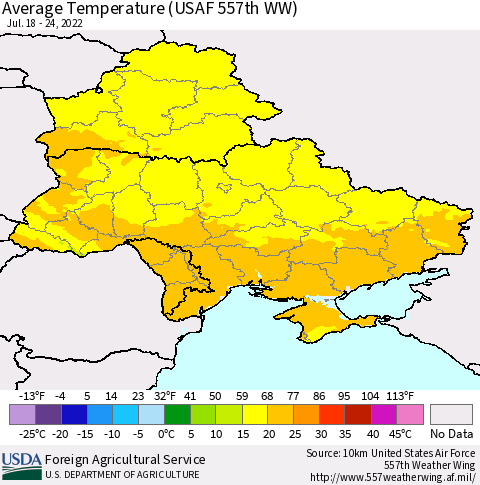 Ukraine, Moldova and Belarus Average Temperature (USAF 557th WW) Thematic Map For 7/18/2022 - 7/24/2022