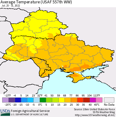 Ukraine, Moldova and Belarus Average Temperature (USAF 557th WW) Thematic Map For 7/25/2022 - 7/31/2022