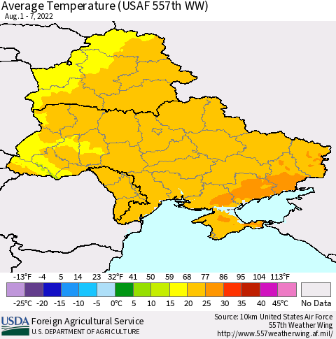 Ukraine, Moldova and Belarus Average Temperature (USAF 557th WW) Thematic Map For 8/1/2022 - 8/7/2022