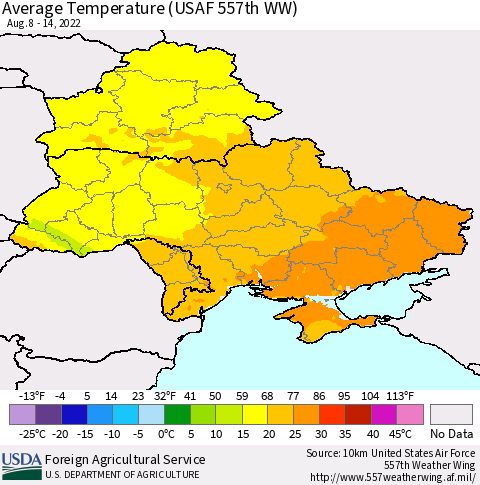 Ukraine, Moldova and Belarus Average Temperature (USAF 557th WW) Thematic Map For 8/8/2022 - 8/14/2022