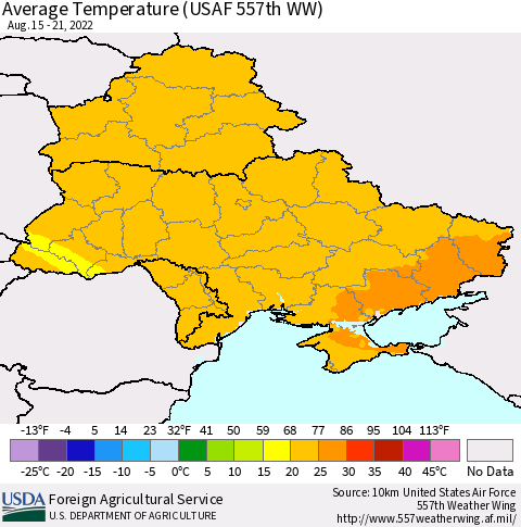 Ukraine, Moldova and Belarus Average Temperature (USAF 557th WW) Thematic Map For 8/15/2022 - 8/21/2022