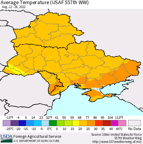 Ukraine, Moldova and Belarus Average Temperature (USAF 557th WW) Thematic Map For 8/22/2022 - 8/28/2022