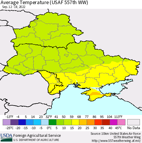 Ukraine, Moldova and Belarus Average Temperature (USAF 557th WW) Thematic Map For 9/12/2022 - 9/18/2022