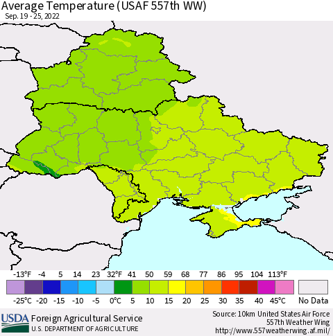 Ukraine, Moldova and Belarus Average Temperature (USAF 557th WW) Thematic Map For 9/19/2022 - 9/25/2022