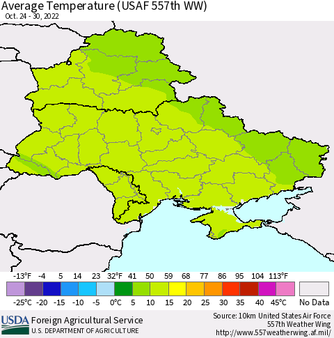 Ukraine, Moldova and Belarus Average Temperature (USAF 557th WW) Thematic Map For 10/24/2022 - 10/30/2022