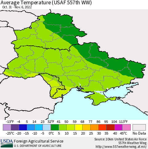 Ukraine, Moldova and Belarus Average Temperature (USAF 557th WW) Thematic Map For 10/31/2022 - 11/6/2022