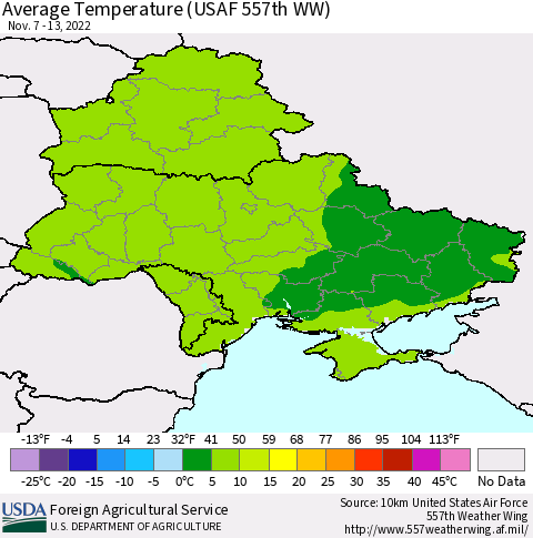 Ukraine, Moldova and Belarus Average Temperature (USAF 557th WW) Thematic Map For 11/7/2022 - 11/13/2022