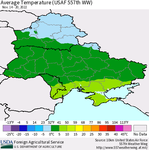 Ukraine, Moldova and Belarus Average Temperature (USAF 557th WW) Thematic Map For 11/14/2022 - 11/20/2022