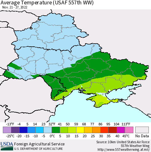 Ukraine, Moldova and Belarus Average Temperature (USAF 557th WW) Thematic Map For 11/21/2022 - 11/27/2022