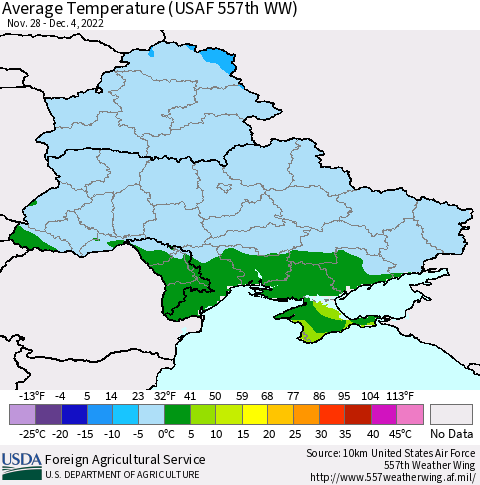 Ukraine, Moldova and Belarus Average Temperature (USAF 557th WW) Thematic Map For 11/28/2022 - 12/4/2022