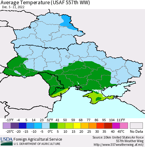 Ukraine, Moldova and Belarus Average Temperature (USAF 557th WW) Thematic Map For 12/5/2022 - 12/11/2022