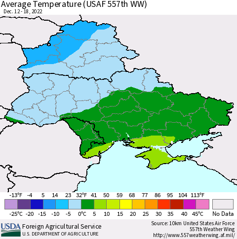 Ukraine, Moldova and Belarus Average Temperature (USAF 557th WW) Thematic Map For 12/12/2022 - 12/18/2022