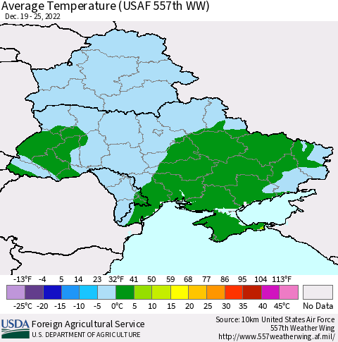 Ukraine, Moldova and Belarus Average Temperature (USAF 557th WW) Thematic Map For 12/19/2022 - 12/25/2022