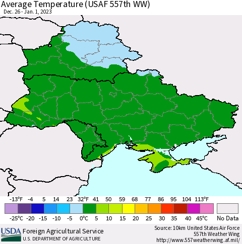 Ukraine, Moldova and Belarus Average Temperature (USAF 557th WW) Thematic Map For 12/26/2022 - 1/1/2023
