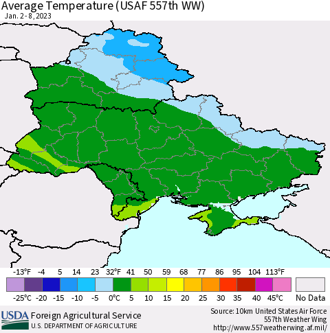 Ukraine, Moldova and Belarus Average Temperature (USAF 557th WW) Thematic Map For 1/2/2023 - 1/8/2023