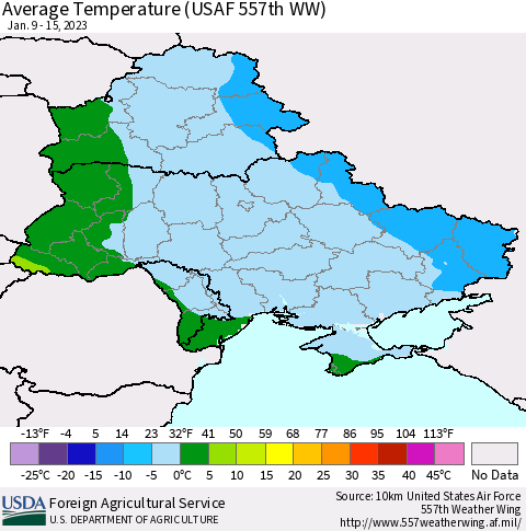 Ukraine, Moldova and Belarus Average Temperature (USAF 557th WW) Thematic Map For 1/9/2023 - 1/15/2023