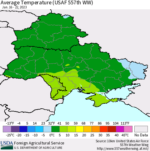 Ukraine, Moldova and Belarus Average Temperature (USAF 557th WW) Thematic Map For 1/16/2023 - 1/22/2023