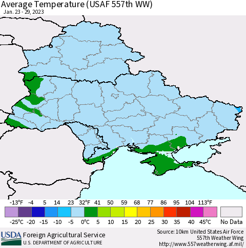 Ukraine, Moldova and Belarus Average Temperature (USAF 557th WW) Thematic Map For 1/23/2023 - 1/29/2023