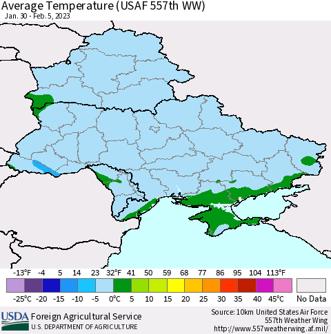 Ukraine, Moldova and Belarus Average Temperature (USAF 557th WW) Thematic Map For 1/30/2023 - 2/5/2023