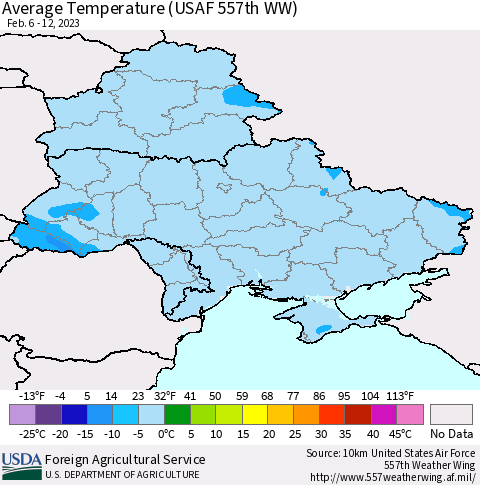 Ukraine, Moldova and Belarus Average Temperature (USAF 557th WW) Thematic Map For 2/6/2023 - 2/12/2023