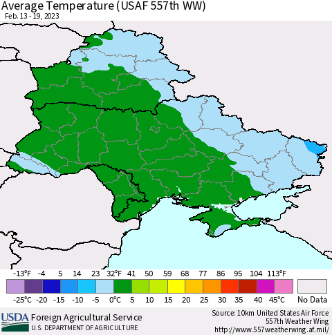 Ukraine, Moldova and Belarus Average Temperature (USAF 557th WW) Thematic Map For 2/13/2023 - 2/19/2023