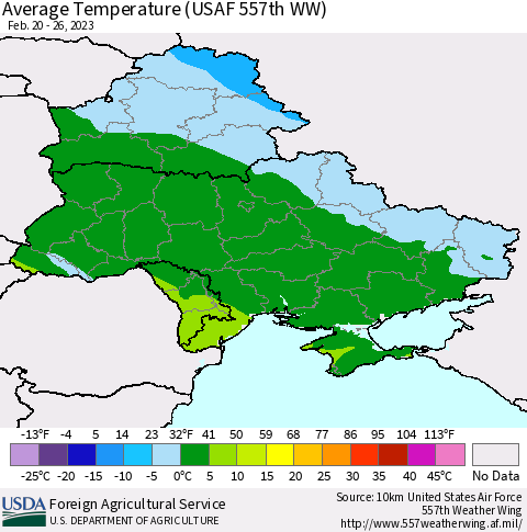 Ukraine, Moldova and Belarus Average Temperature (USAF 557th WW) Thematic Map For 2/20/2023 - 2/26/2023