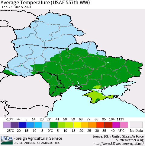 Ukraine, Moldova and Belarus Average Temperature (USAF 557th WW) Thematic Map For 2/27/2023 - 3/5/2023
